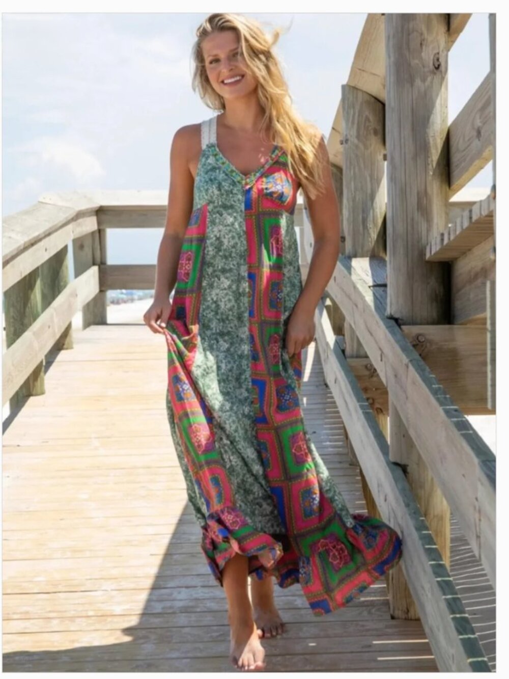 Natural Life Amina Maxi Dress Patchwork Boho Beaded Small